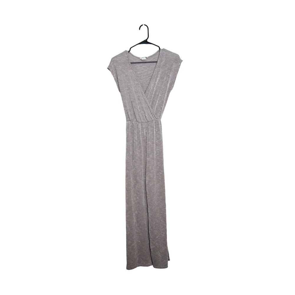 Caution to the Wind Ribbed Striped Jumpsuit Brown White V-Neck Wide Leg Small
